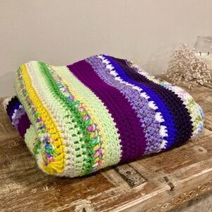 Small Handmade Crocheted Throw Blanket 54” x 52” Purple Green Yellow Pink